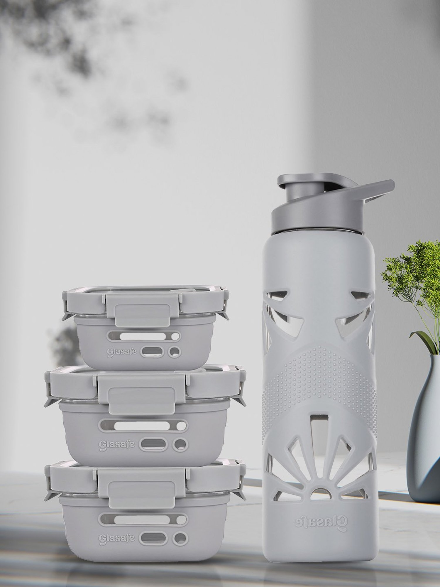 Glasafe Trio Grip Slate Grey Borosilicate Tiffin Combo