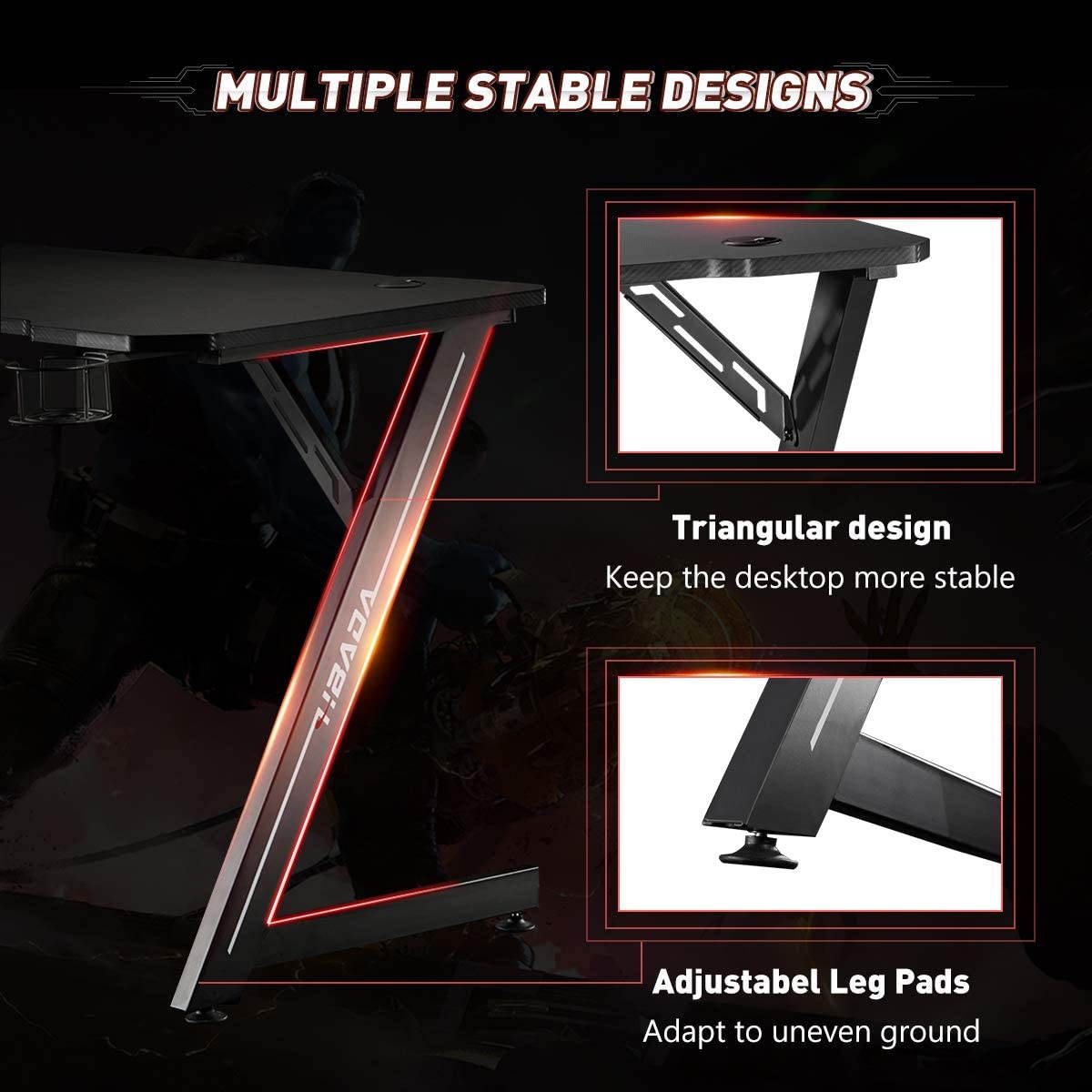 43 inch Gaming Computer Desk, Home Office PC Desk, Z-Shape Racing Style Game Station with Double Cable Manage Hole, Sturdy Ergonomic E-Sports Desk with Cup Holder and Headphone Hook, Black