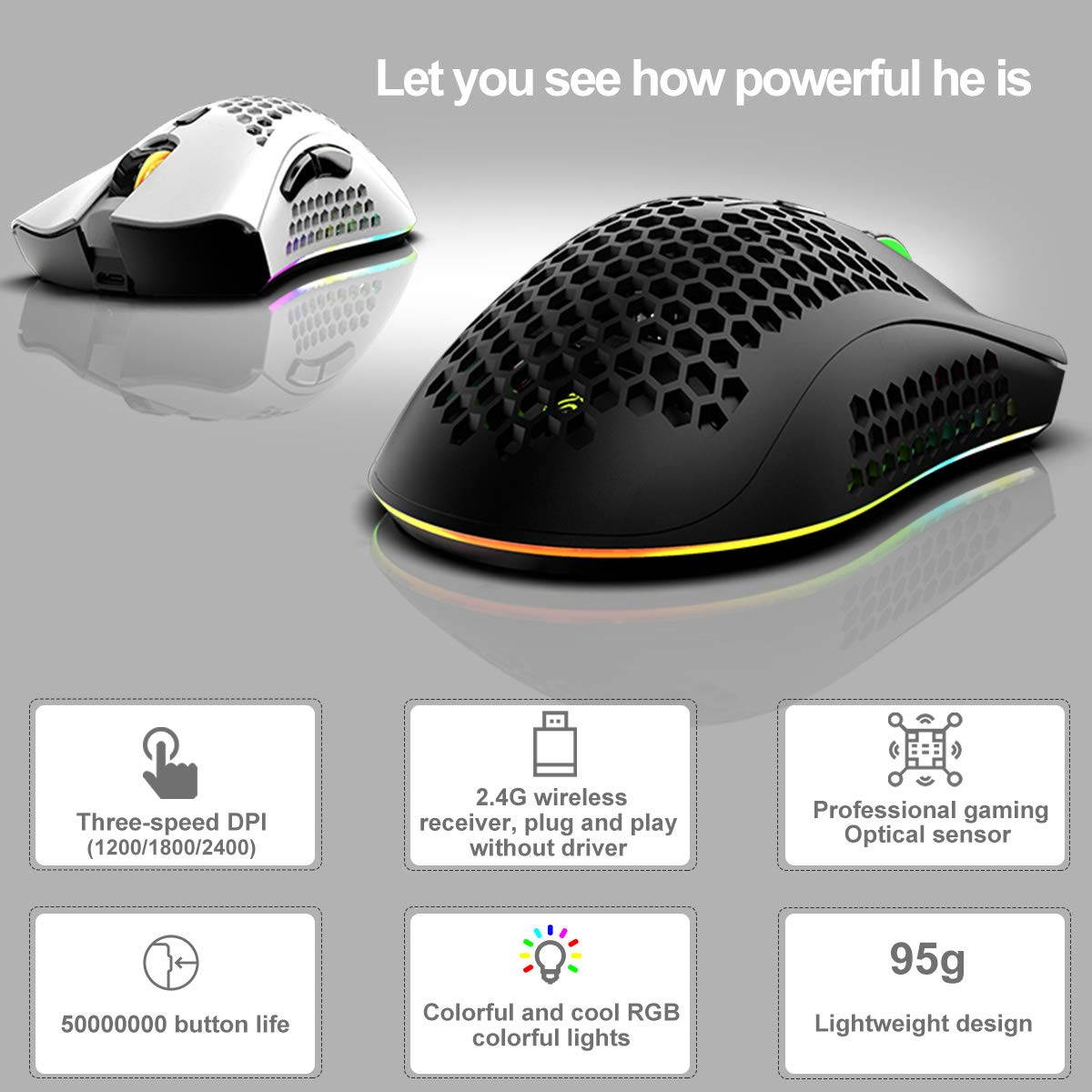 Wireless Gaming Mouse Rechargeable USB PC Gaming Mouse RGB Backlit Mouse Ergonomic Optical Mice W/Honeycomb Shell for PC Computer Laptop