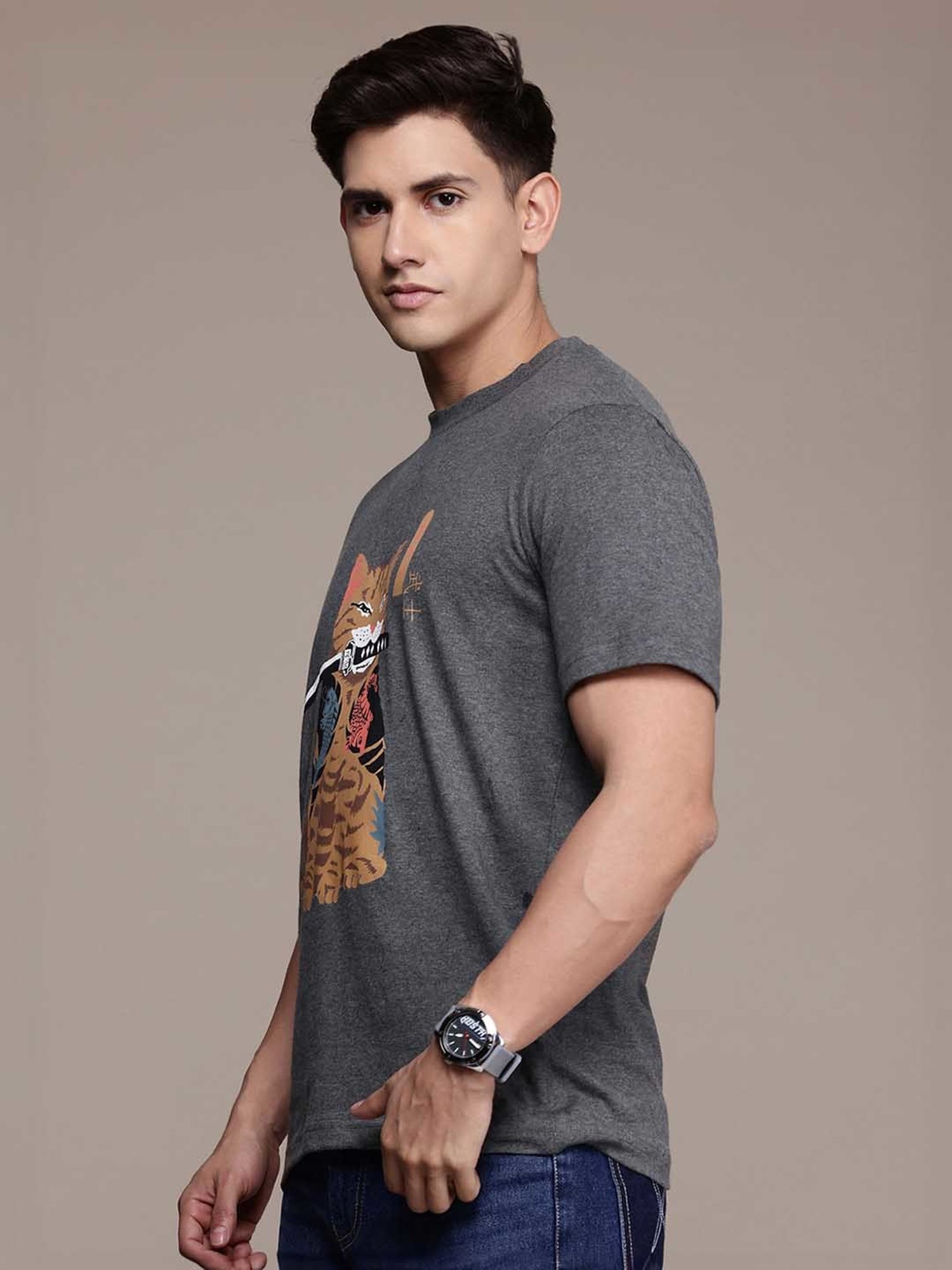 Burnt Umber Grey Regular Fit Graphic Print Crew T-Shirt