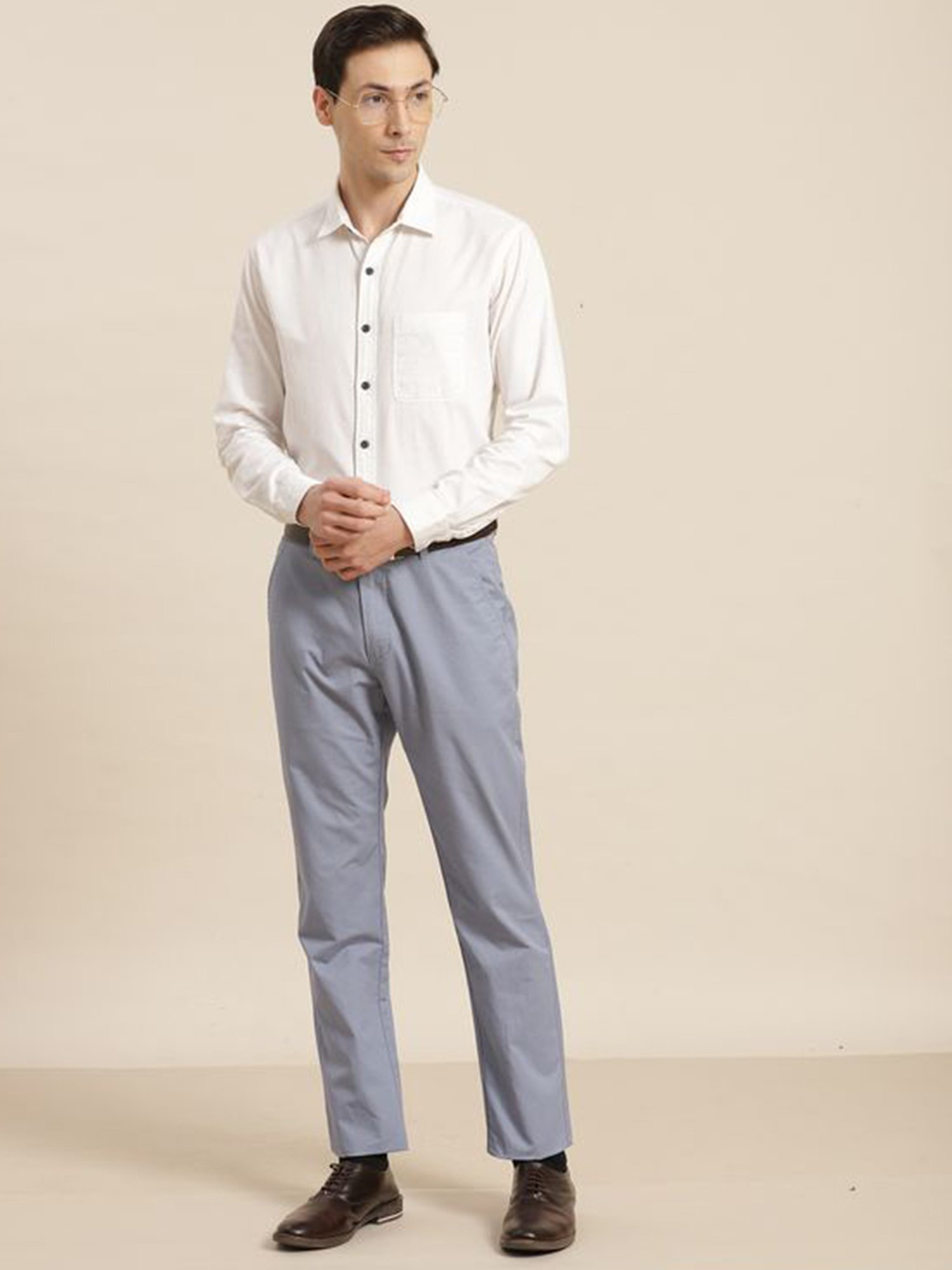 Hancock Blue Cotton Slim Fit Solid Trousers
