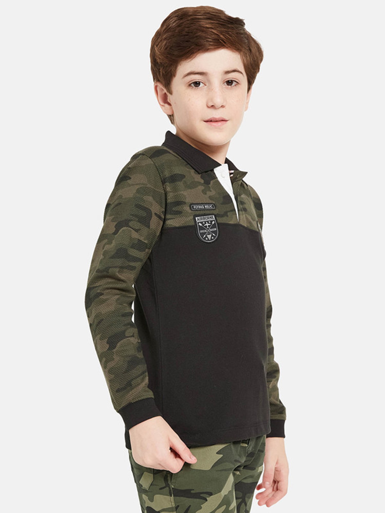 Octave Kids Black Camouflage Full Sleeves Polo T-Shirt