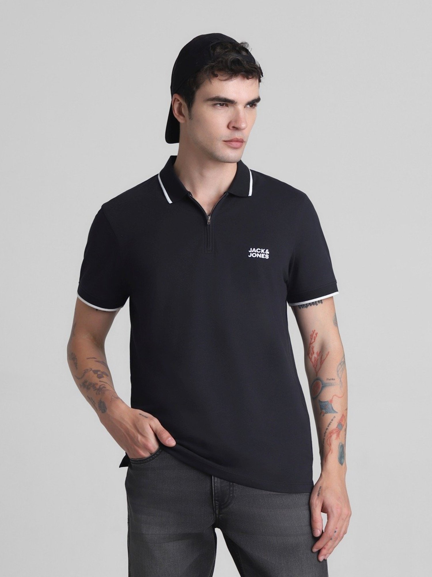 Jack & Jones Jet Black Cotton Slim Fit Polo T-Shirt