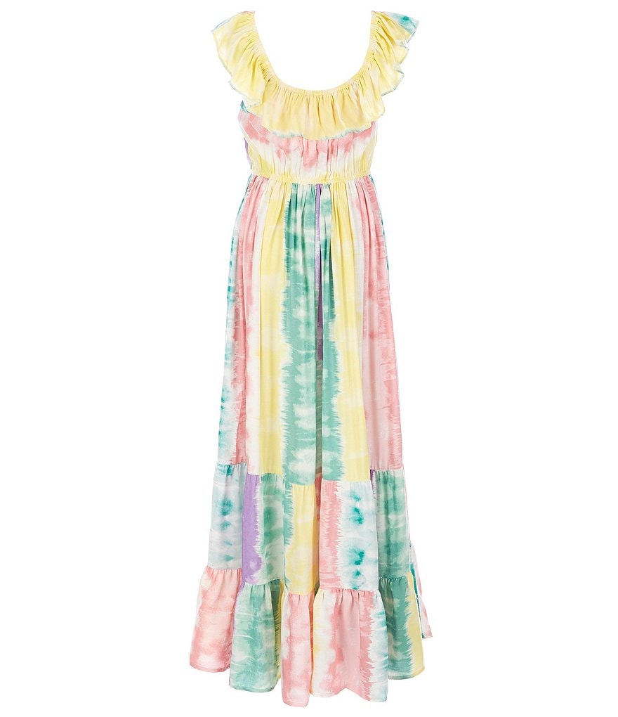 Poppies And Roses Big Girls 7-16 Ruffle Sleeve Tie-Dye Tiered Skirt Maxi Dress