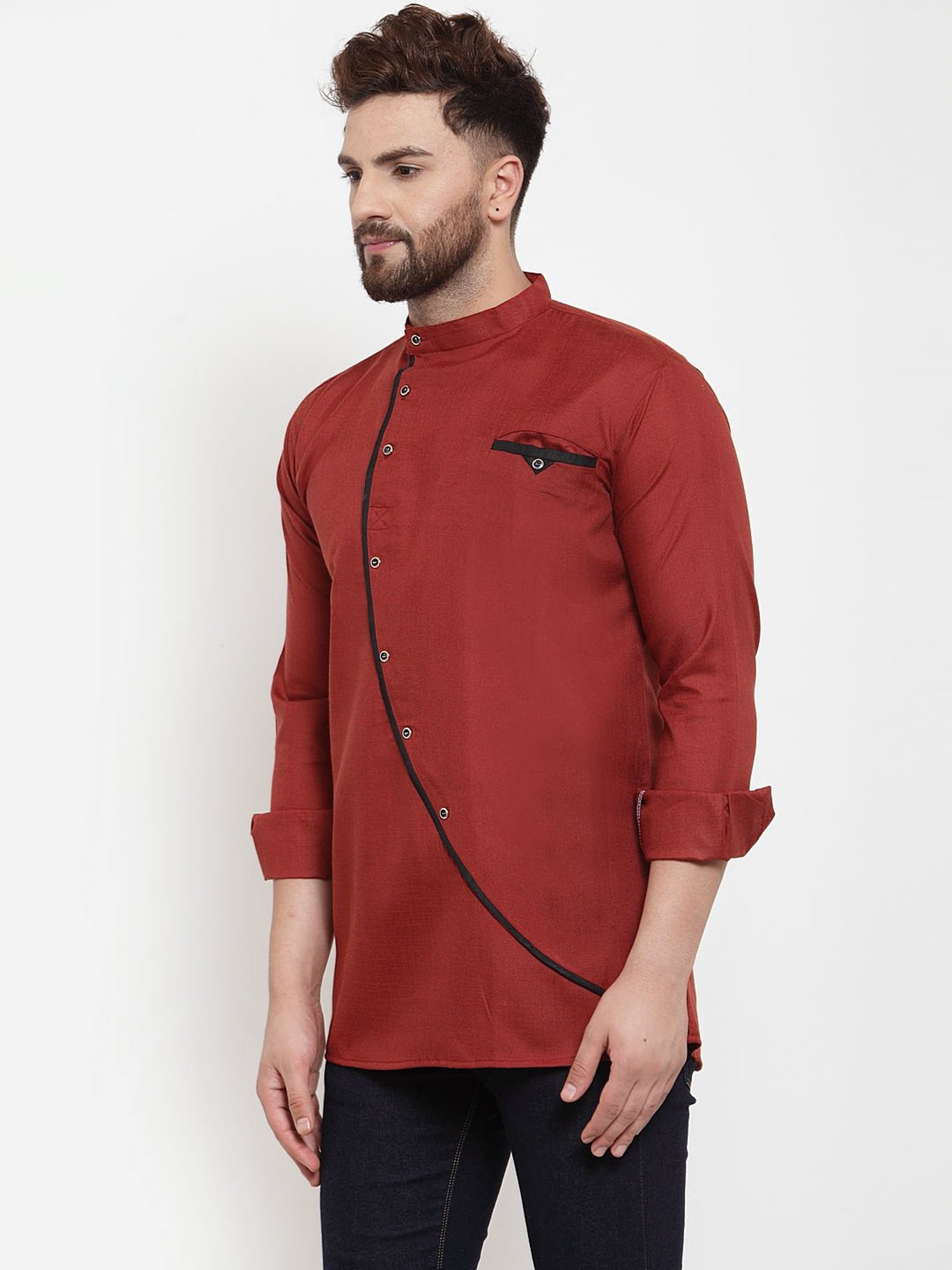 Benstoke Maroon Regular Fit Straight Short Kurta