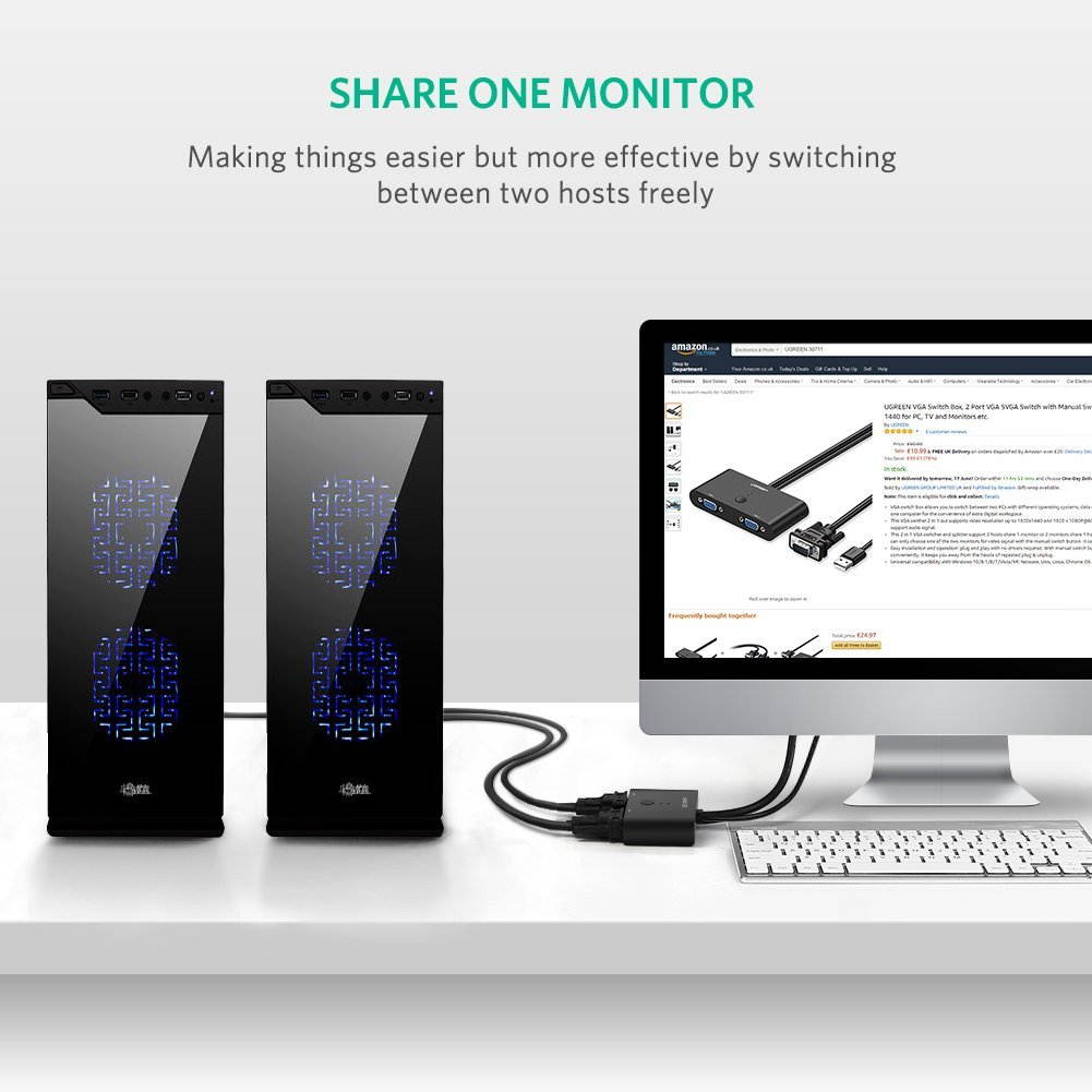 VGA Switch Box 2 Port SVGA Audio Video Switcher 2 Hosts IN 1 Monitor OUT with Manual Switch Button Support Resolution up to 1920 x 1440 for PC Sharing or Switching