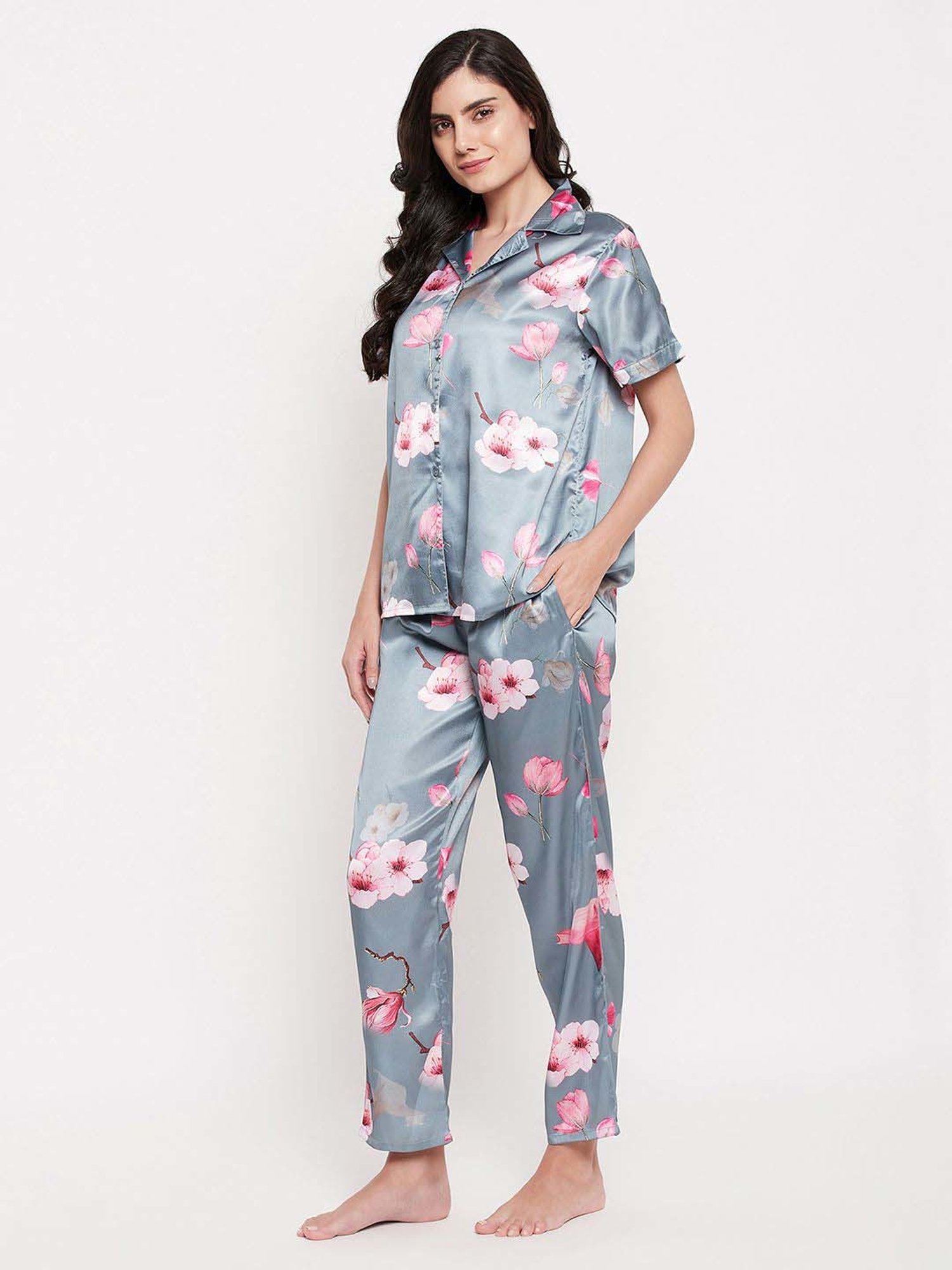 Clovia Blue Floral Print Shirt & Pyjama Set