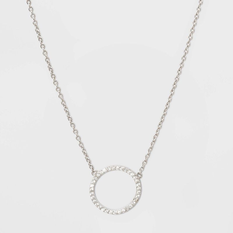 Sterling Silver Pave Cubic Zirconia Circle Necklace - A New Day™ Silver/Clear
