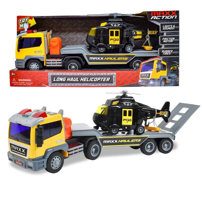 Maxx Action Lights & Sounds Helicopter Truck and Trailer Transport