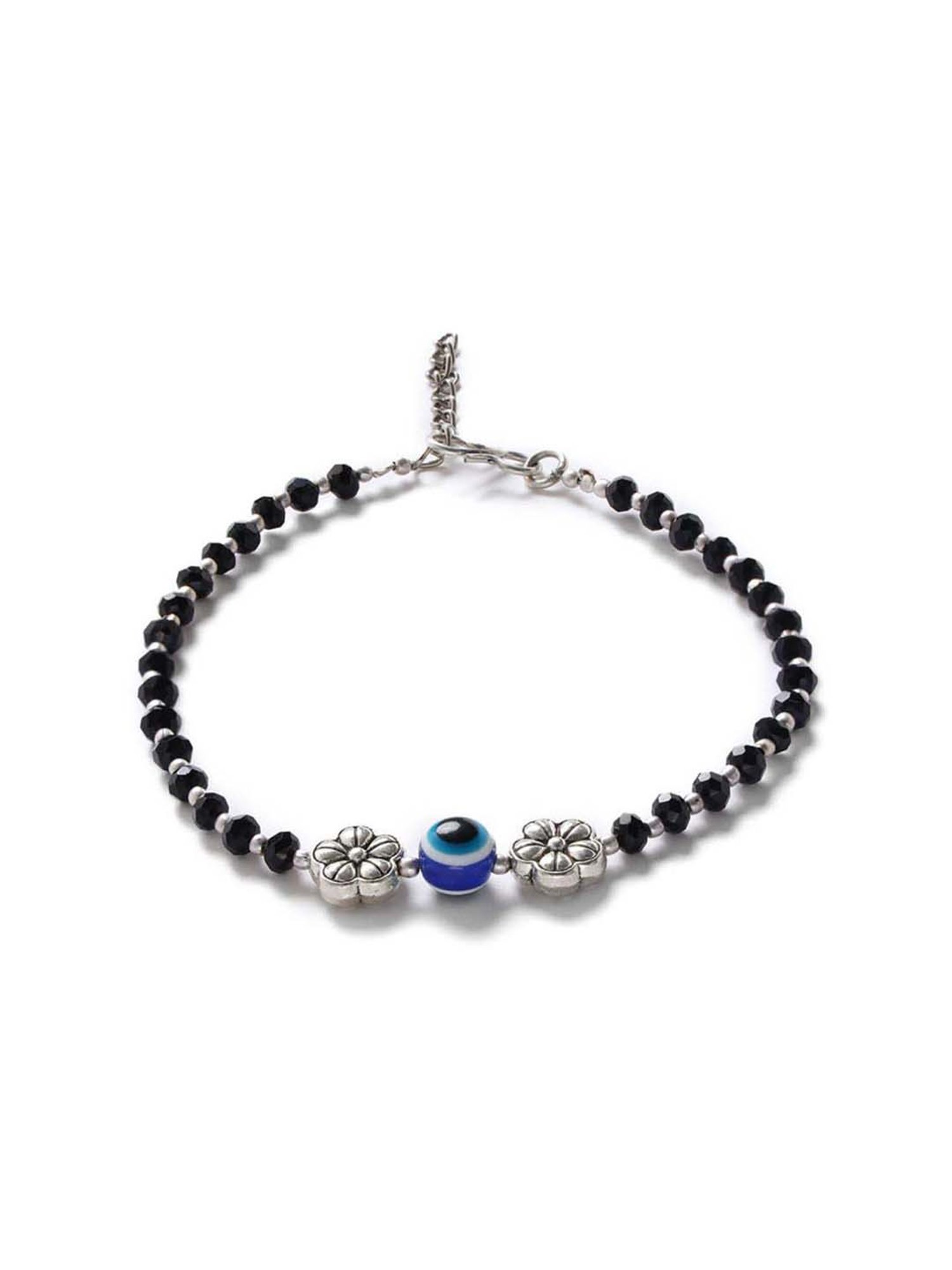 Aatmana Silver-Plated & Black Beaded Handcrafted Flower Anklets - Set of 2