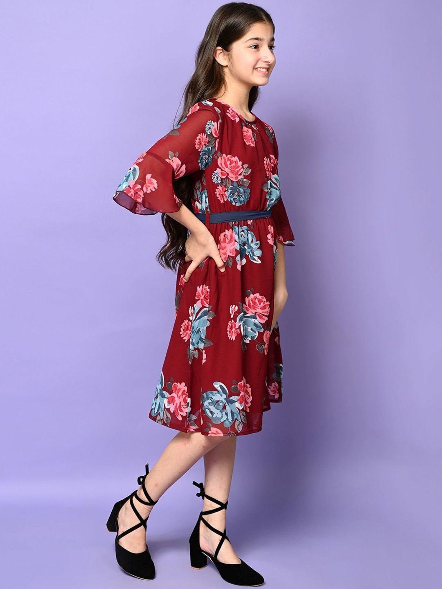 LilPicks Kids Maroon & Sky Blue Floral Print Dress