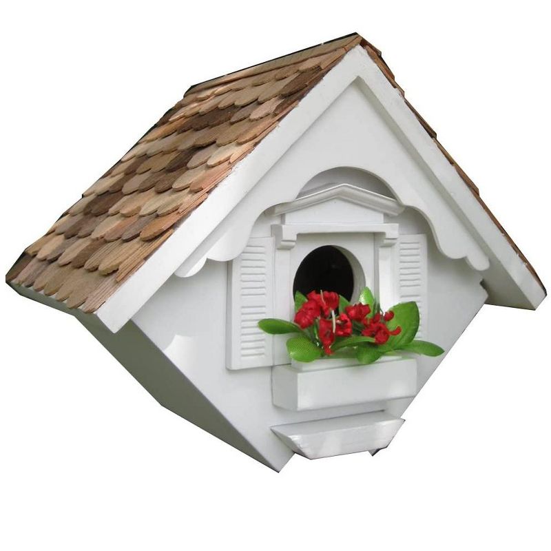Home Bazaar HB-2044WS Hand Craft Garden Little Wren Hanging Bird House with Real Wood Tiled Roof for Small Nesting Birds, White