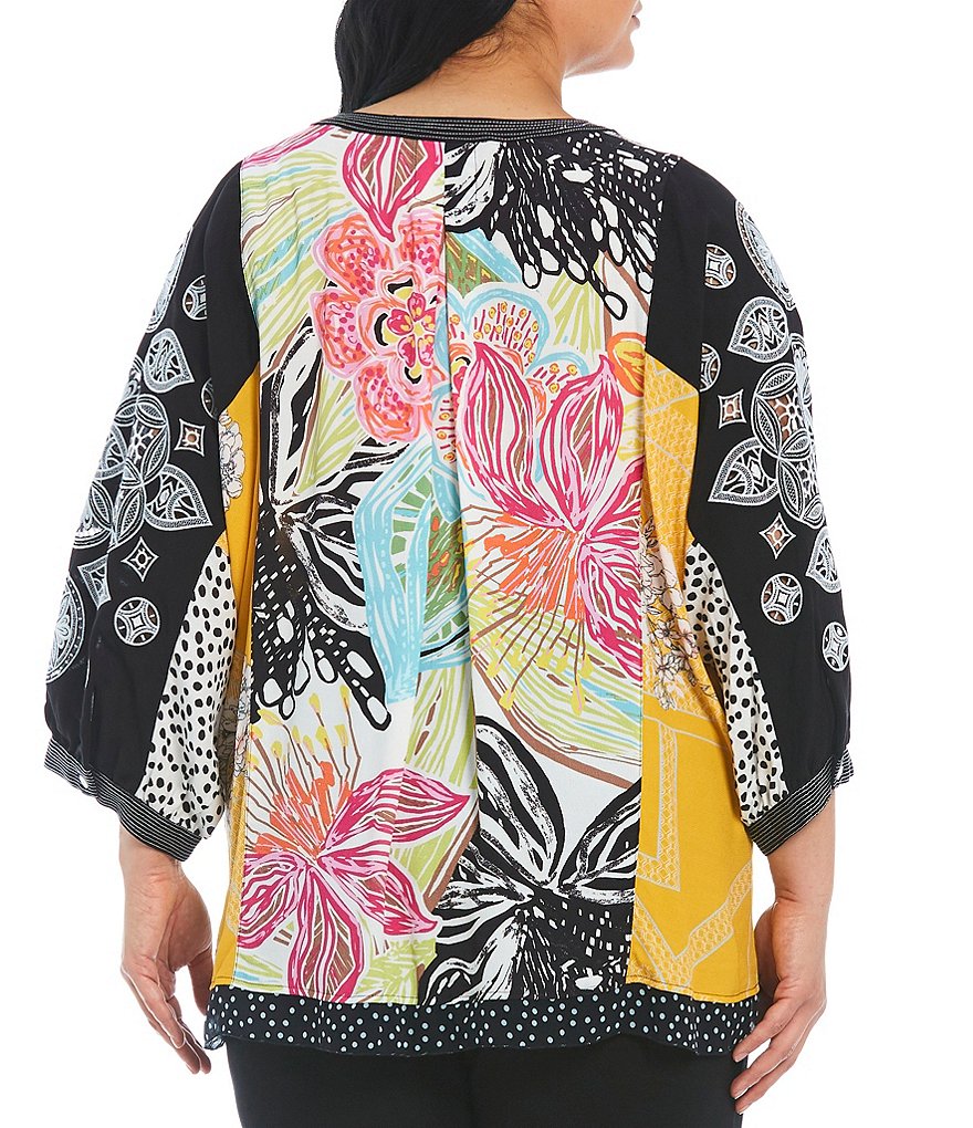 John Mark Plus Size Split Round Neck Mixed Floral 3/4 Peasant Sleeve Tunic