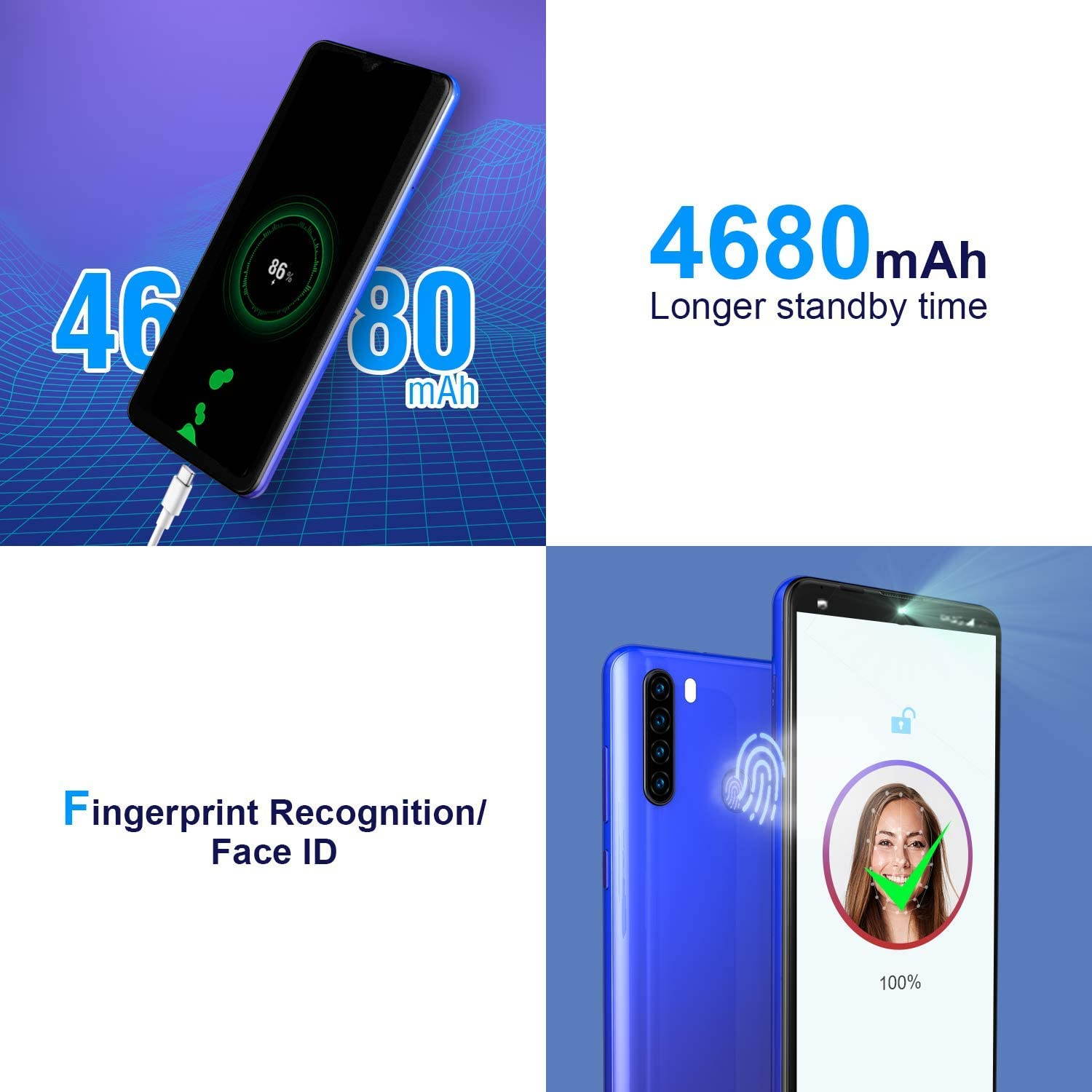 Unlocked Cell Phones, Blackview A80 Pro 4GB+64GB Unlocked Smartphone, 6.49 inches Mobile Phone, Android 9.0, 13MP+8MP, 4680mAh 4G Dual SIM Unlocked Phones, Fingerprint/Face ID for AT&T Cricket Phones