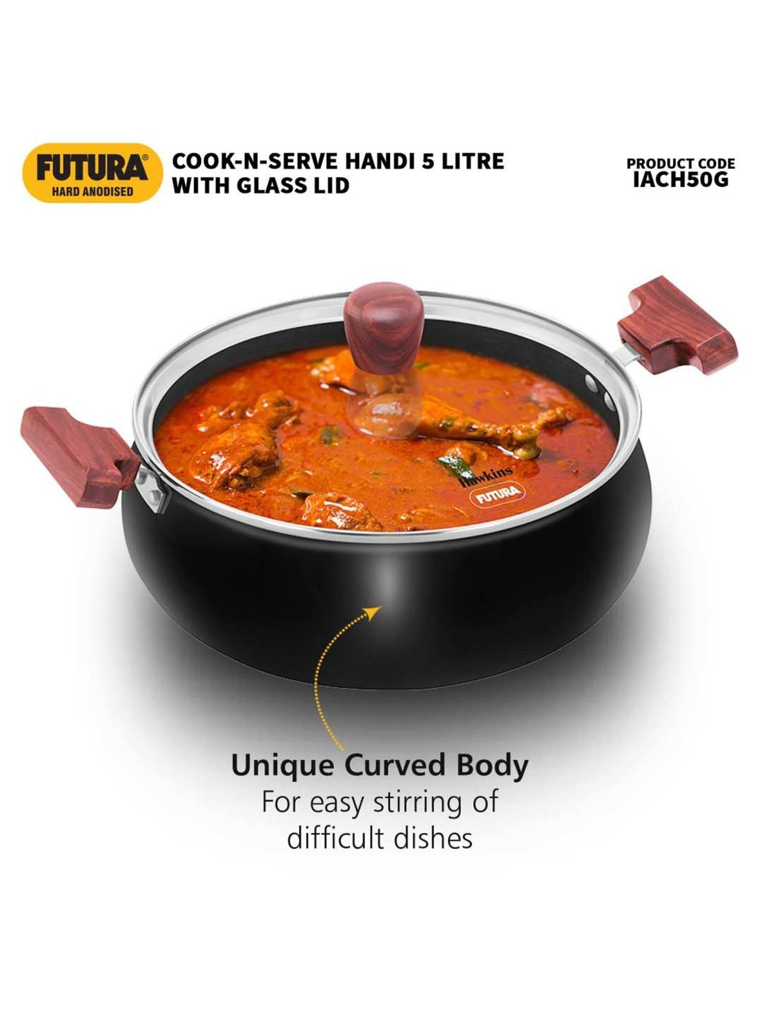 Hawkins Black Aluminium Induction Futura Hard Anodised Biryani Handi Pan With Glass Lid (5 L)