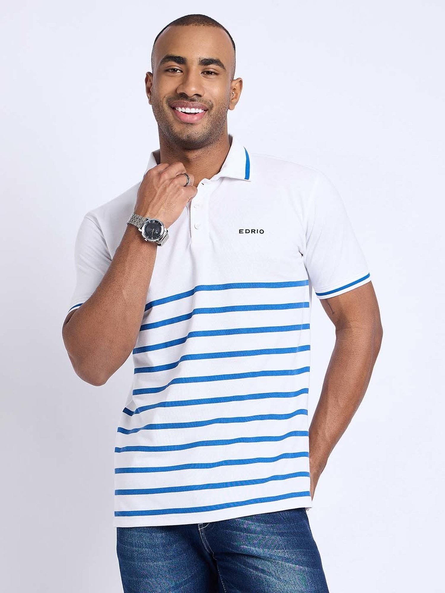 EDRIO White & Blue Regular Fit Striped Polo T-Shirt