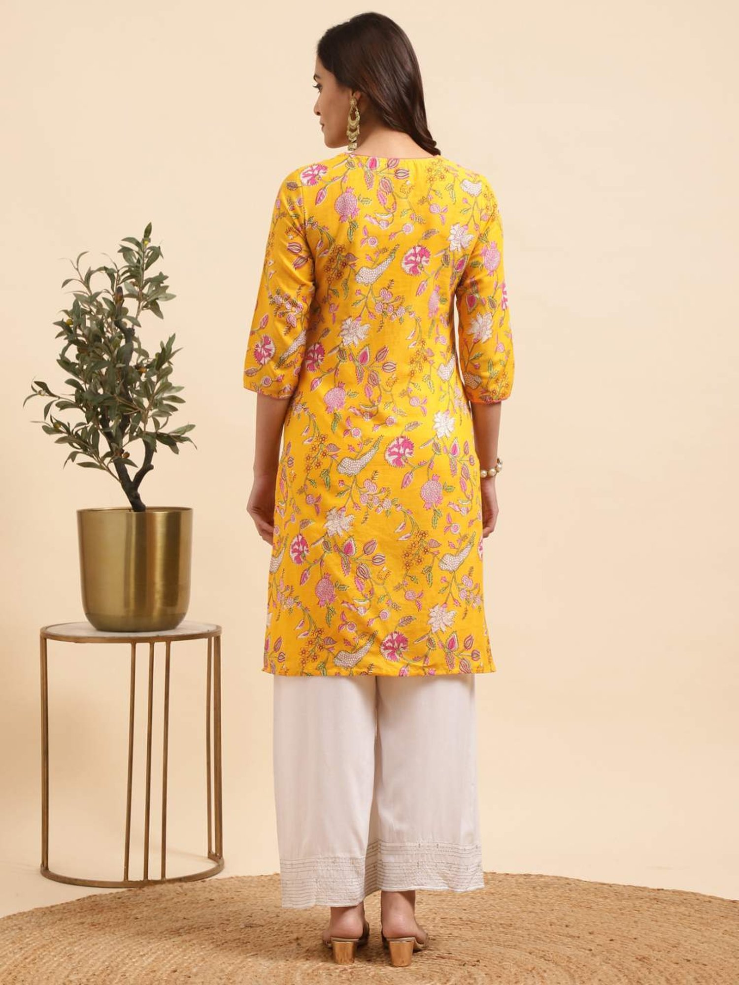 Rangita Yellow & White Cotton Floral Print Kurta Palazzo Set