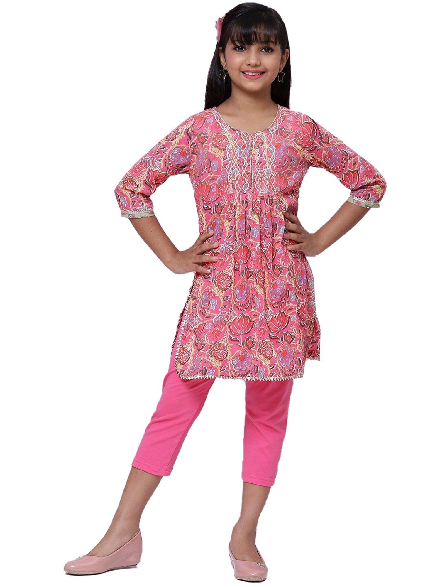 BIBA Girls Pink Printed Top with Leggings