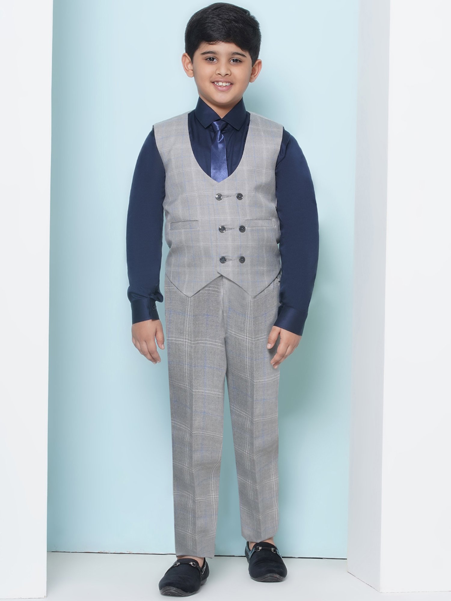 AJ Dezines Kids Grey & Navy Checks Full Sleeves Shirt, Pants, Coat, Waistcoat with Tie