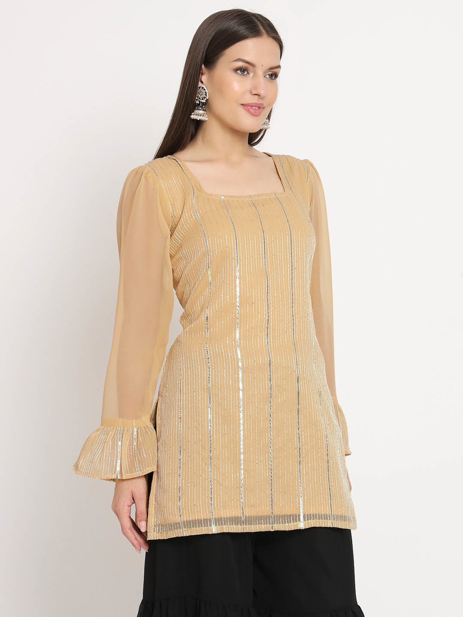 studiorasa Beige Georgette Lace Straight Kurti