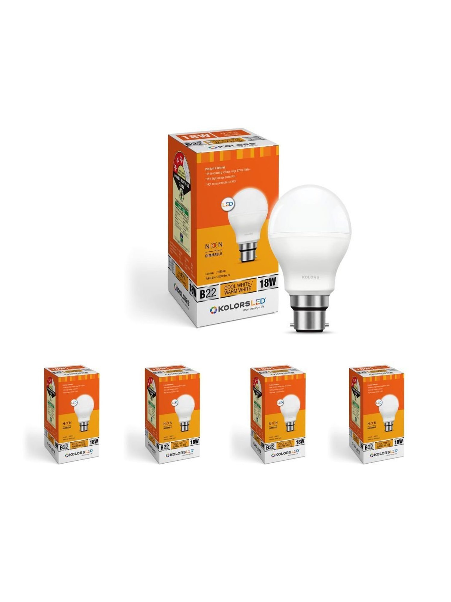 KOLORS Keeto Bulb B22 6500K 18W Pack of 5 - Cool White