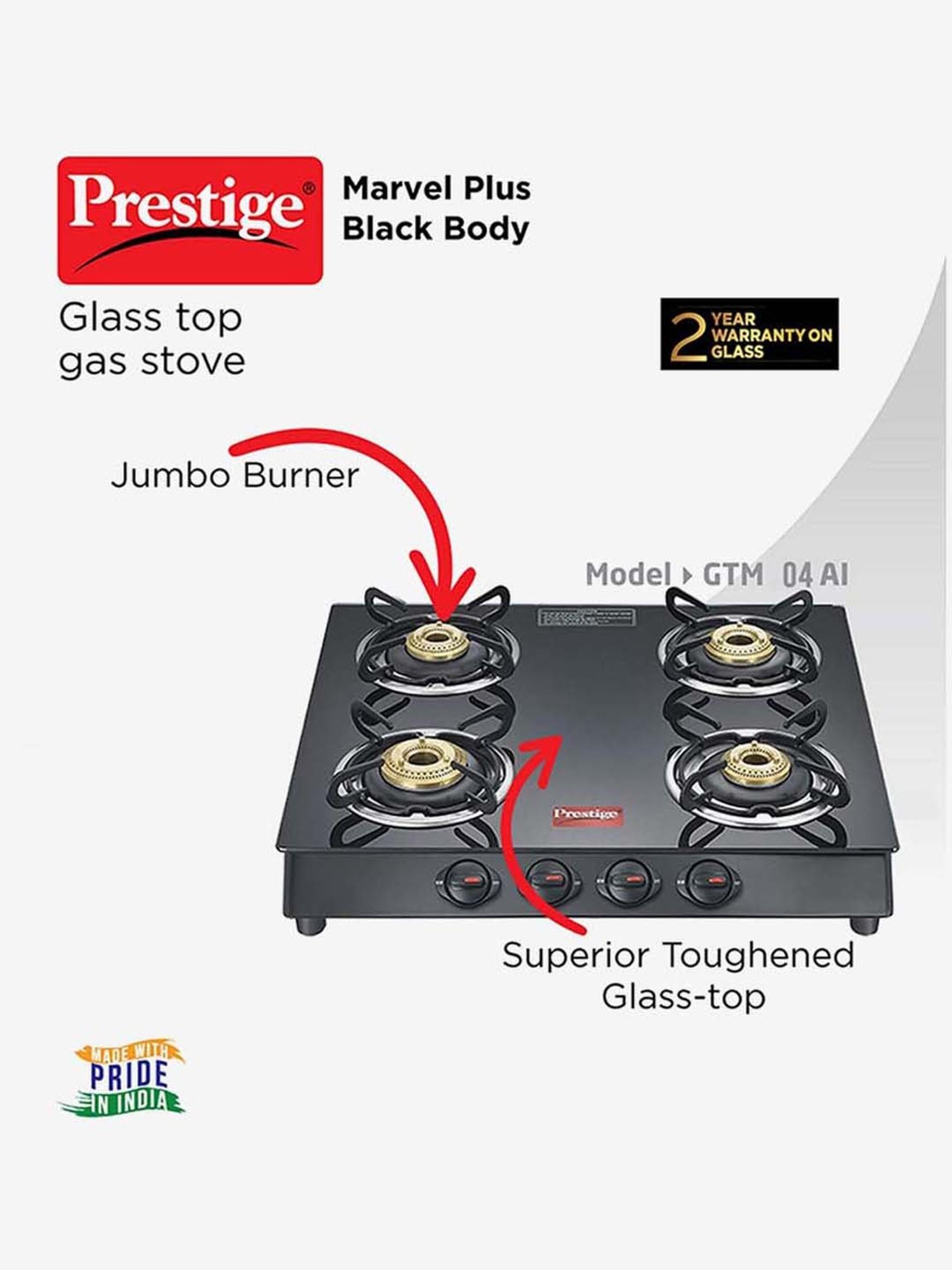 Prestige Marvel Plus GTM 04 SQ 4 Burners Glass Top Gas Stove (Black)