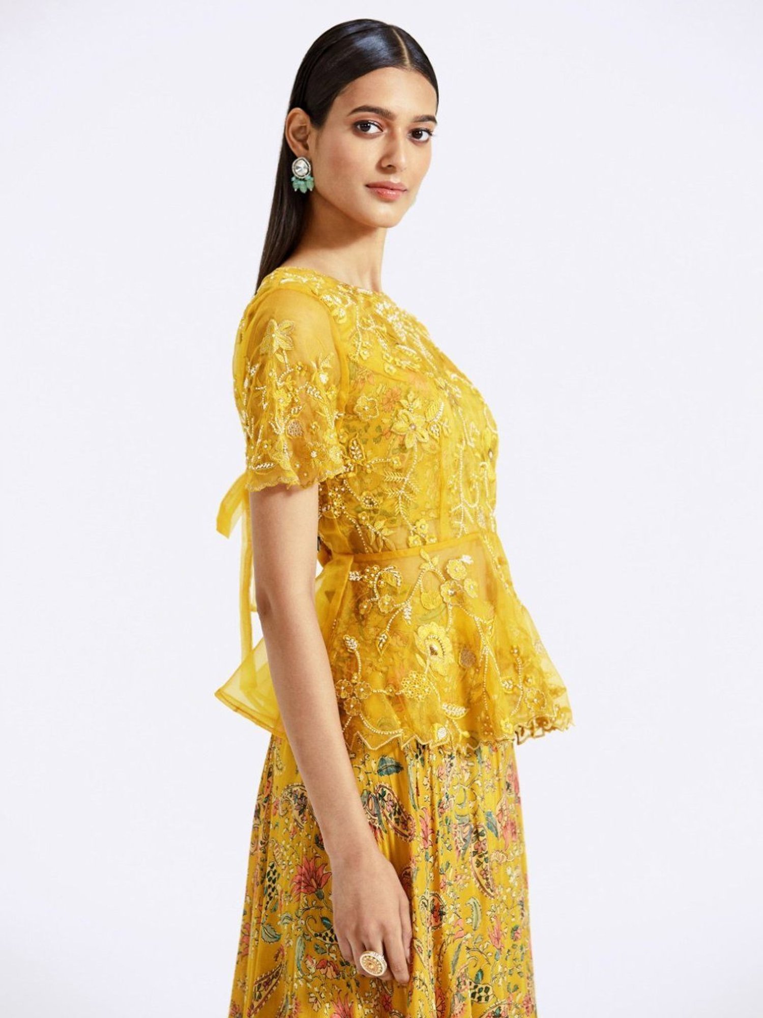 Basanti Kapde aur Koffee Mustard Evolve Embroidered Top with Skirt