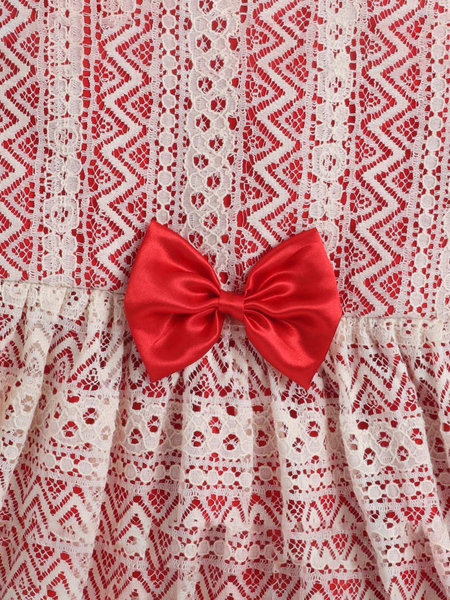 Many Frocks Kids Cream & Red Embroidered Dress