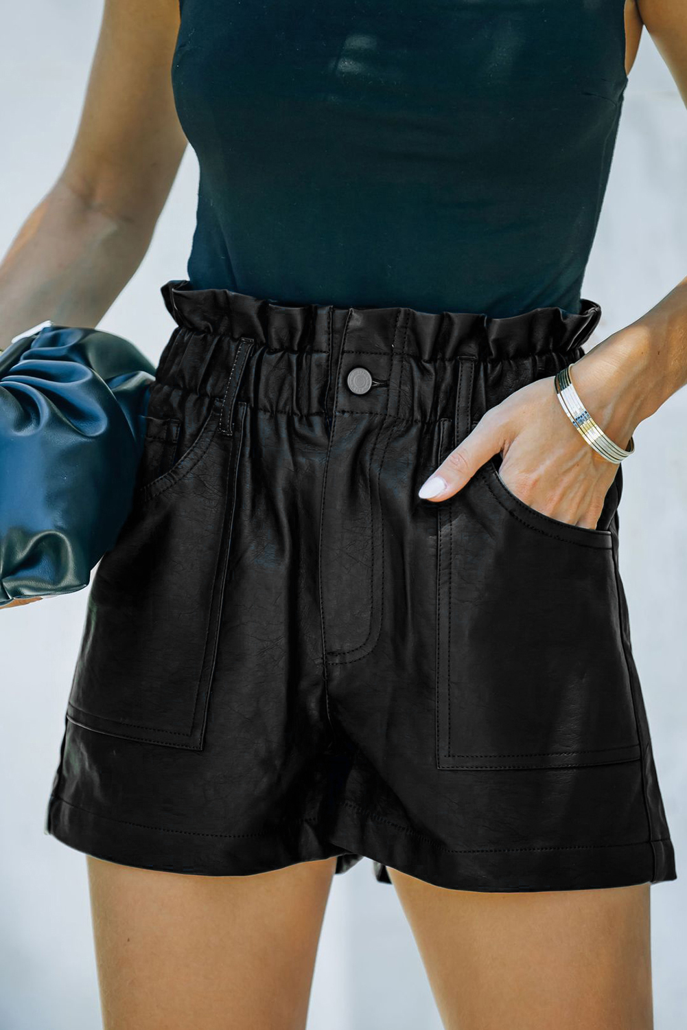 Black Faux Leather Paper Bag Frill Waist Shorts