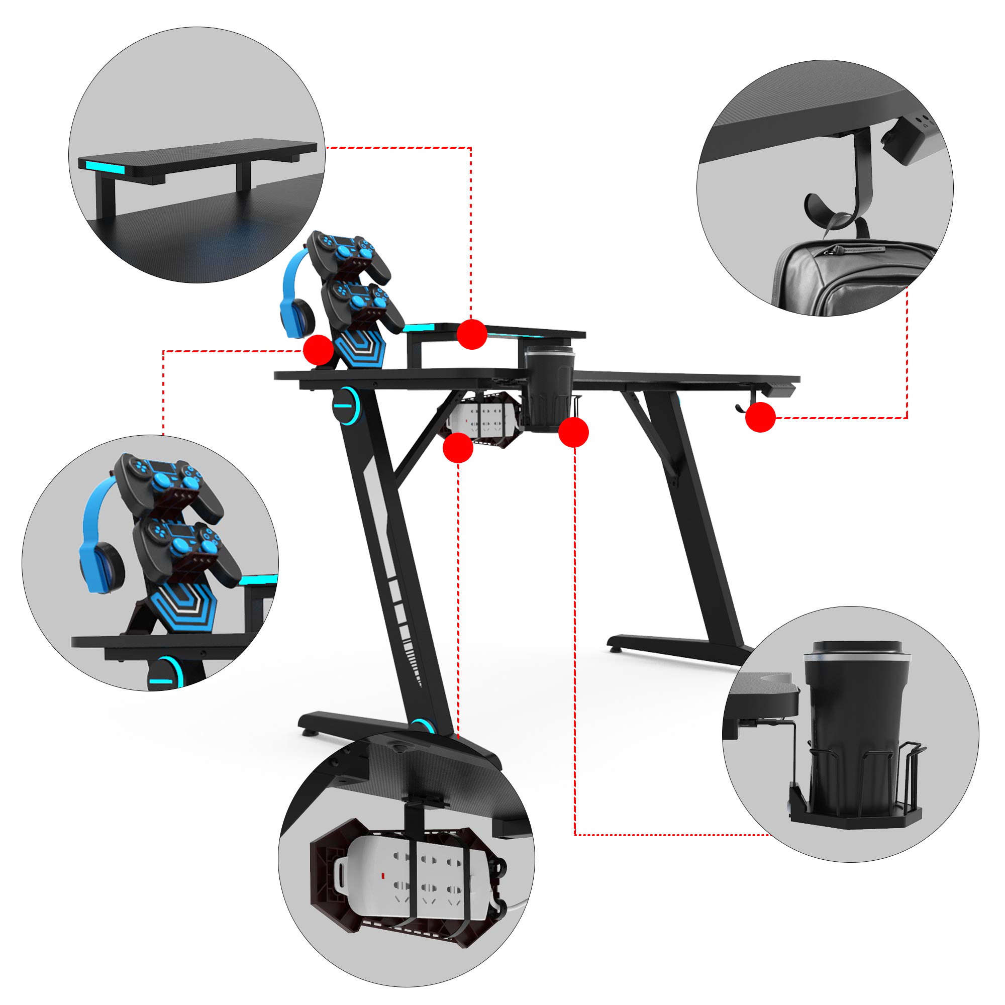 Gaming Desk Z-Shaped Computer Desk Gamer Workstation Gamer Table with RGB Lights Monitor Stand Carbon Fiber Surface Cup Holder Headphone Hook Plug Board Holder