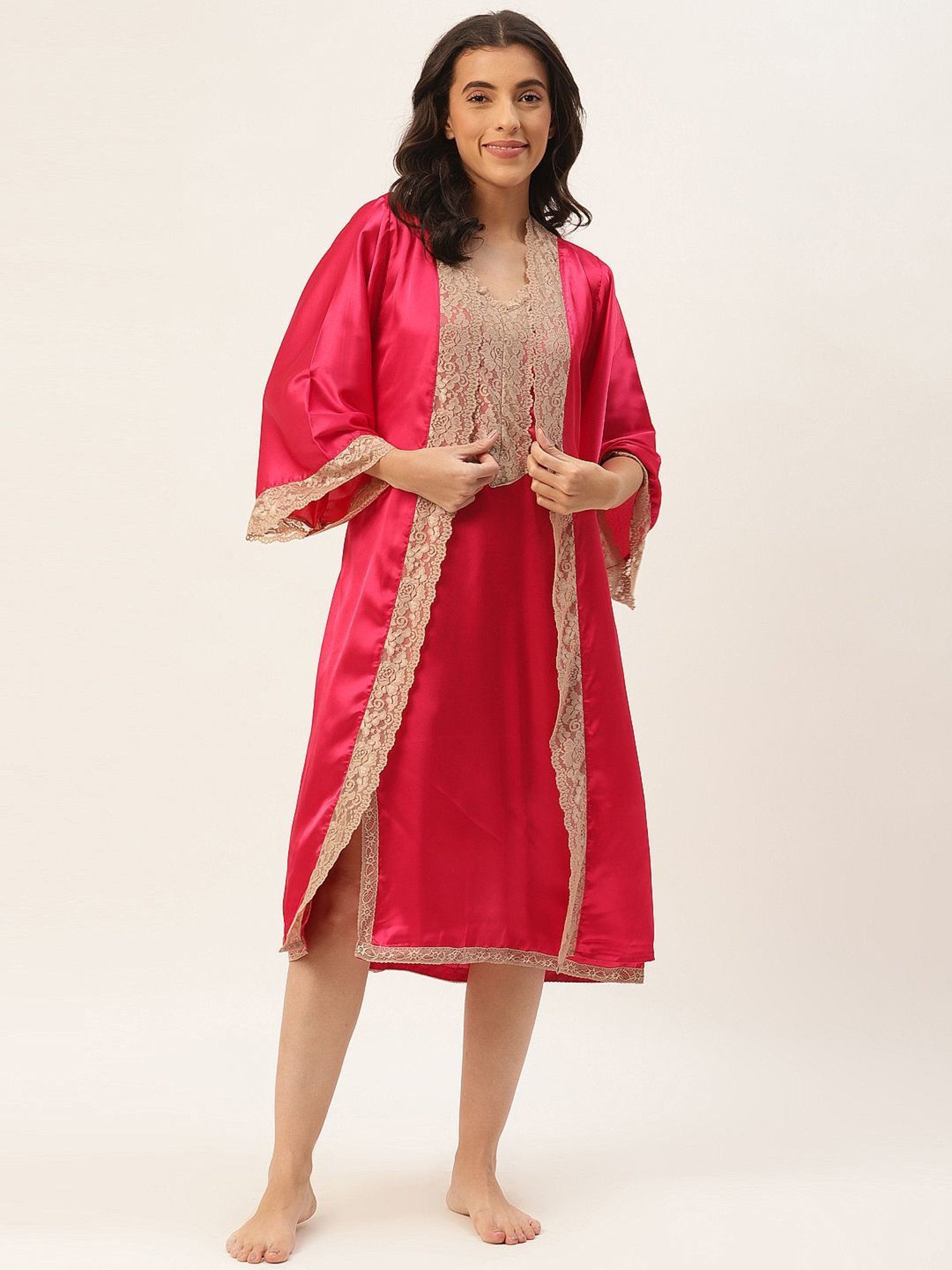 Ms.Lingies Pink Lace Work Nightwear With Robe