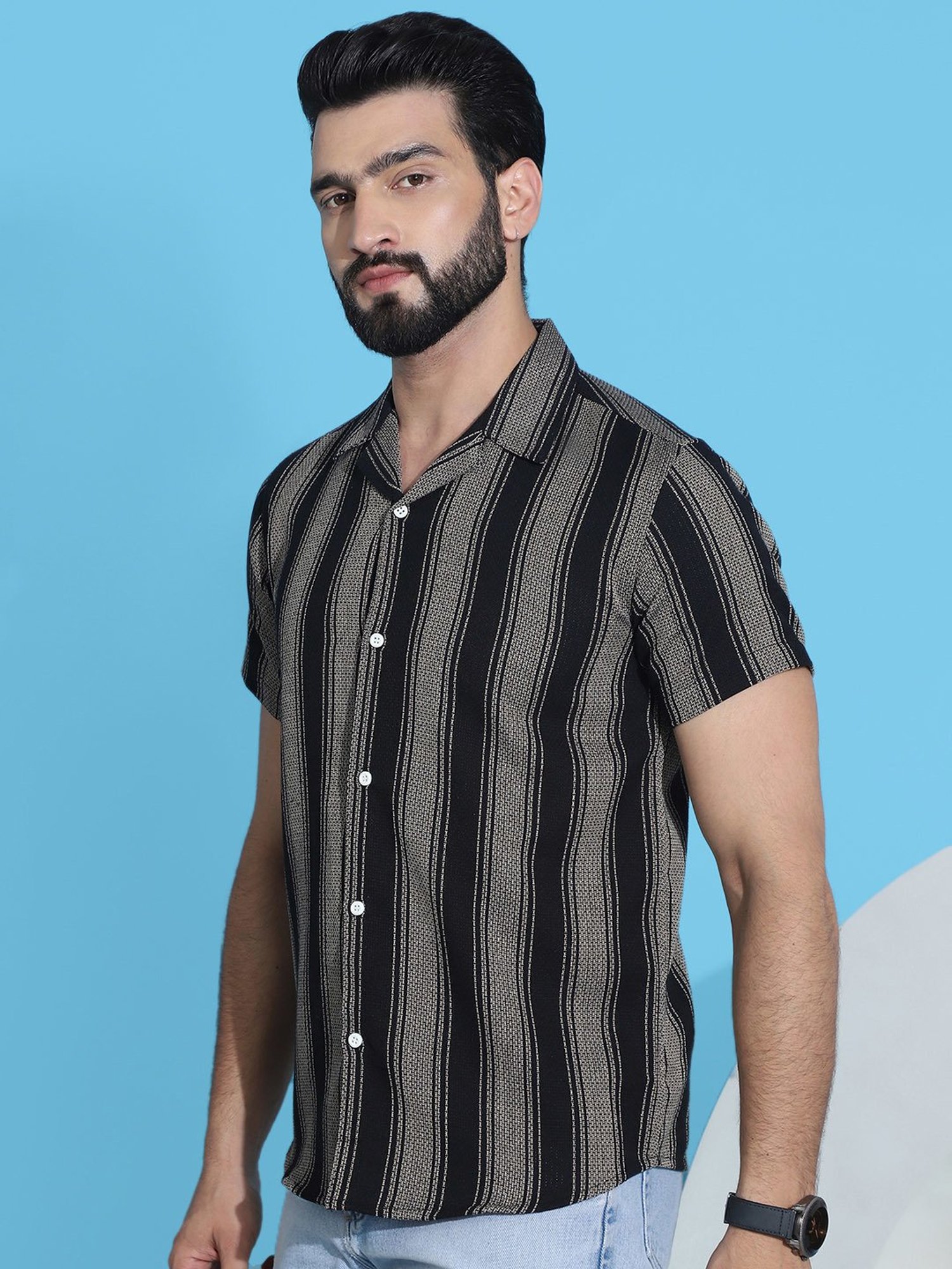 Indian Needle Black Regular Fit Striped Shirt