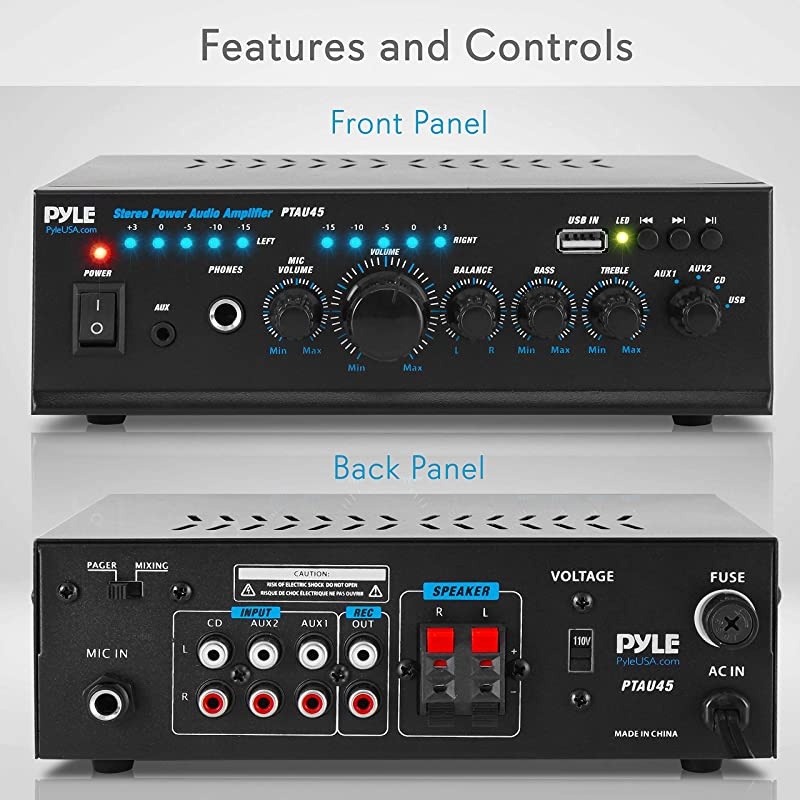 2X120 Watt Home Audio Power Amplifier Portable 2 Channel Surround Sound Stereo Receiver w USB in for Amplified Subwoofer Speaker CD DVD MP3 iPhone Phone Theater PA System PTAU45