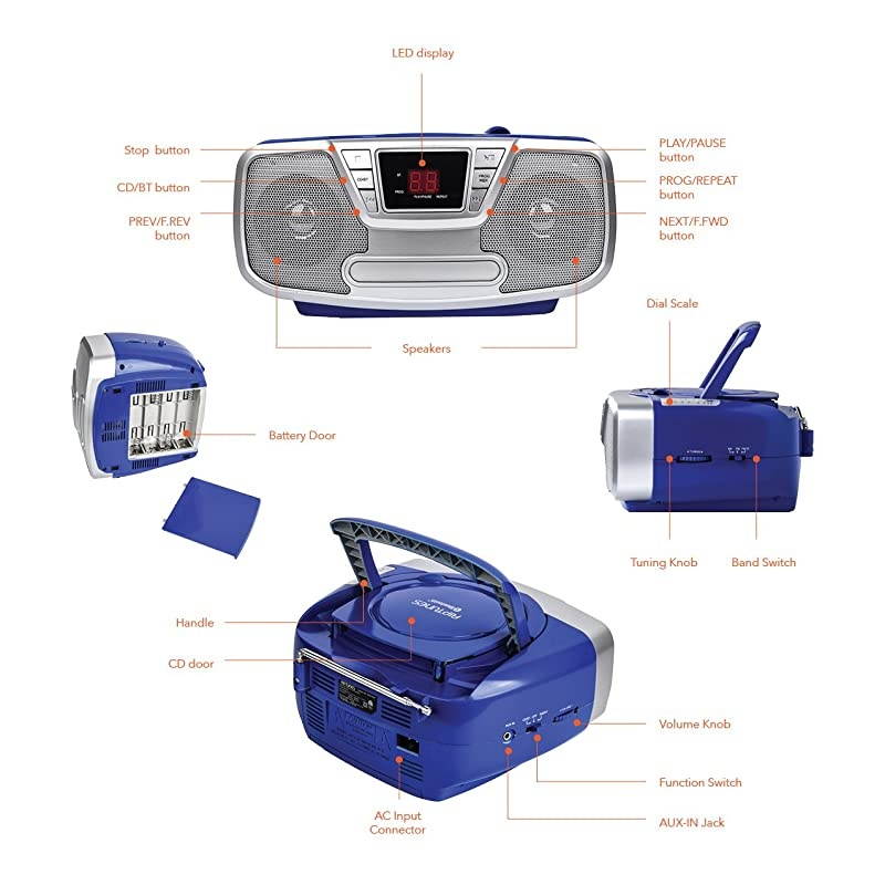 Portable CD Player - Programmable Boombox, AM/FM Radio, Bluetooth Blue CDB23BT