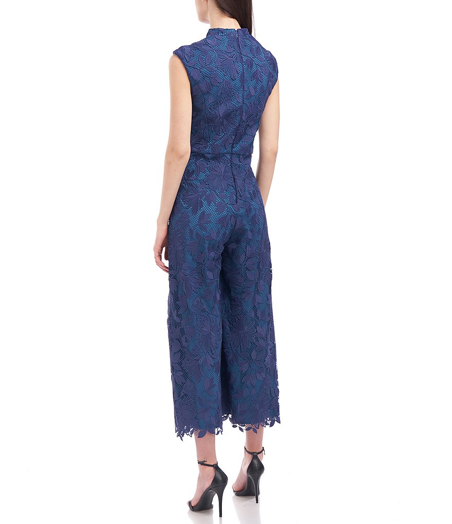 Kay Unger V-Neck Cap Sleeve Pleated Floral Lace Crop Jumpsuit