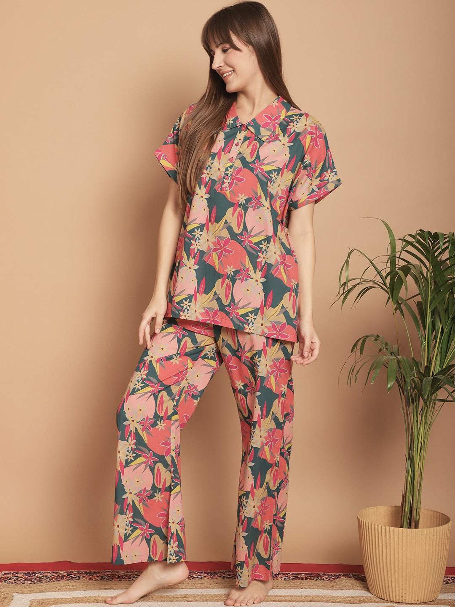 Kanvin Pink & Green Cotton Printed Shirt Pyjamas Set