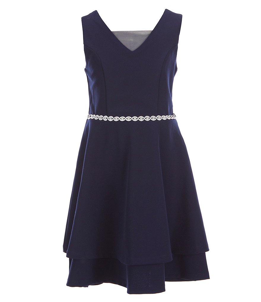 Honey and Rosie Big Girls 7-16 Sleeveless Ruffled Neck Scuba Skater Dress