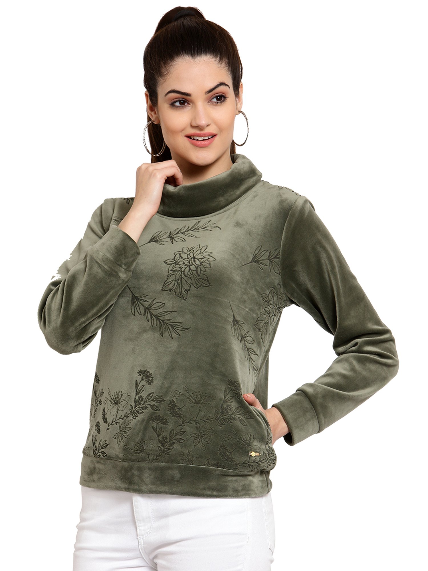 Juelle Olive Embroidered Turtle Neck Sweatshirt