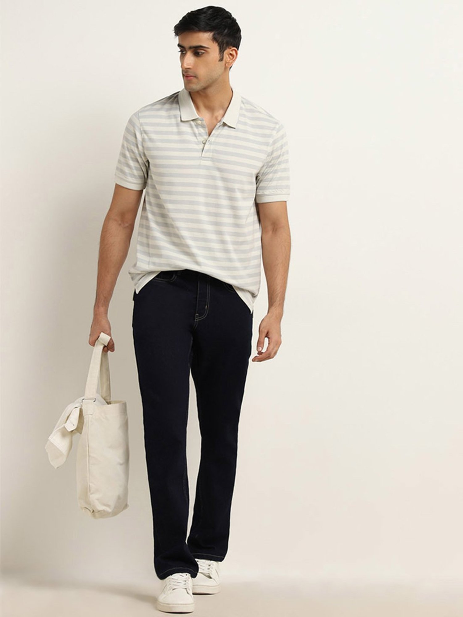 WES Casuals by Westside Light Grey Striped Relaxed-Fit Polo T-Shirt
