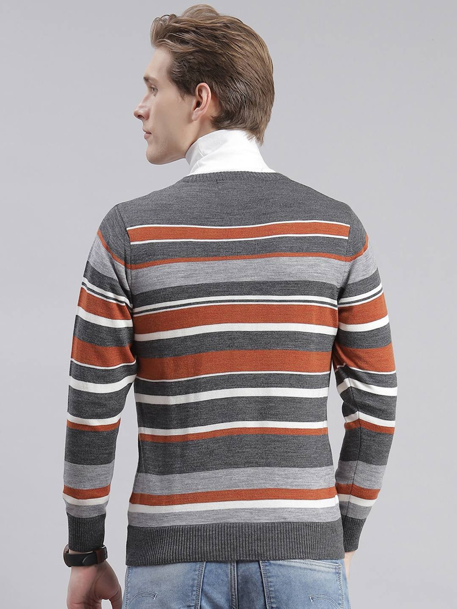 Monte Carlo Mid Grey Regular Fit Striped Sweater