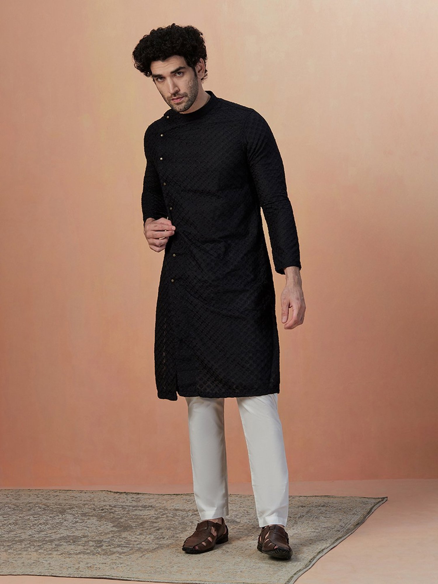 Manyavar Black & Light Beige Embroidered Kurta & Pyjama Set