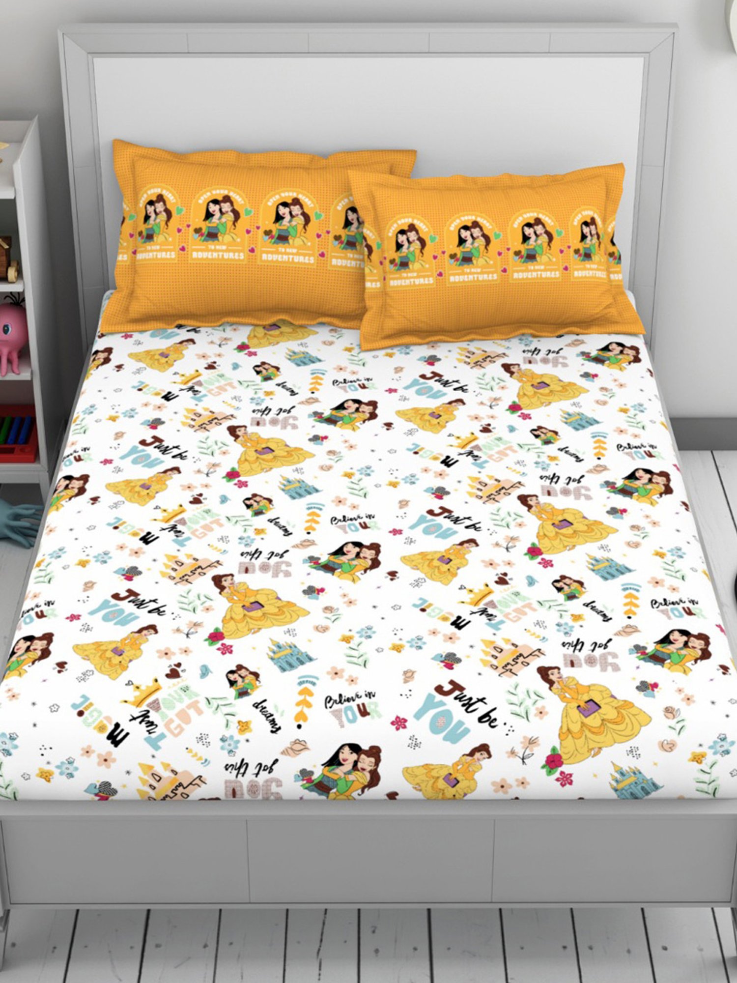 Welspun Disney Princess Printed Yellow 144 TC Cotton Double Bedsheet With 2 Pillow Covers