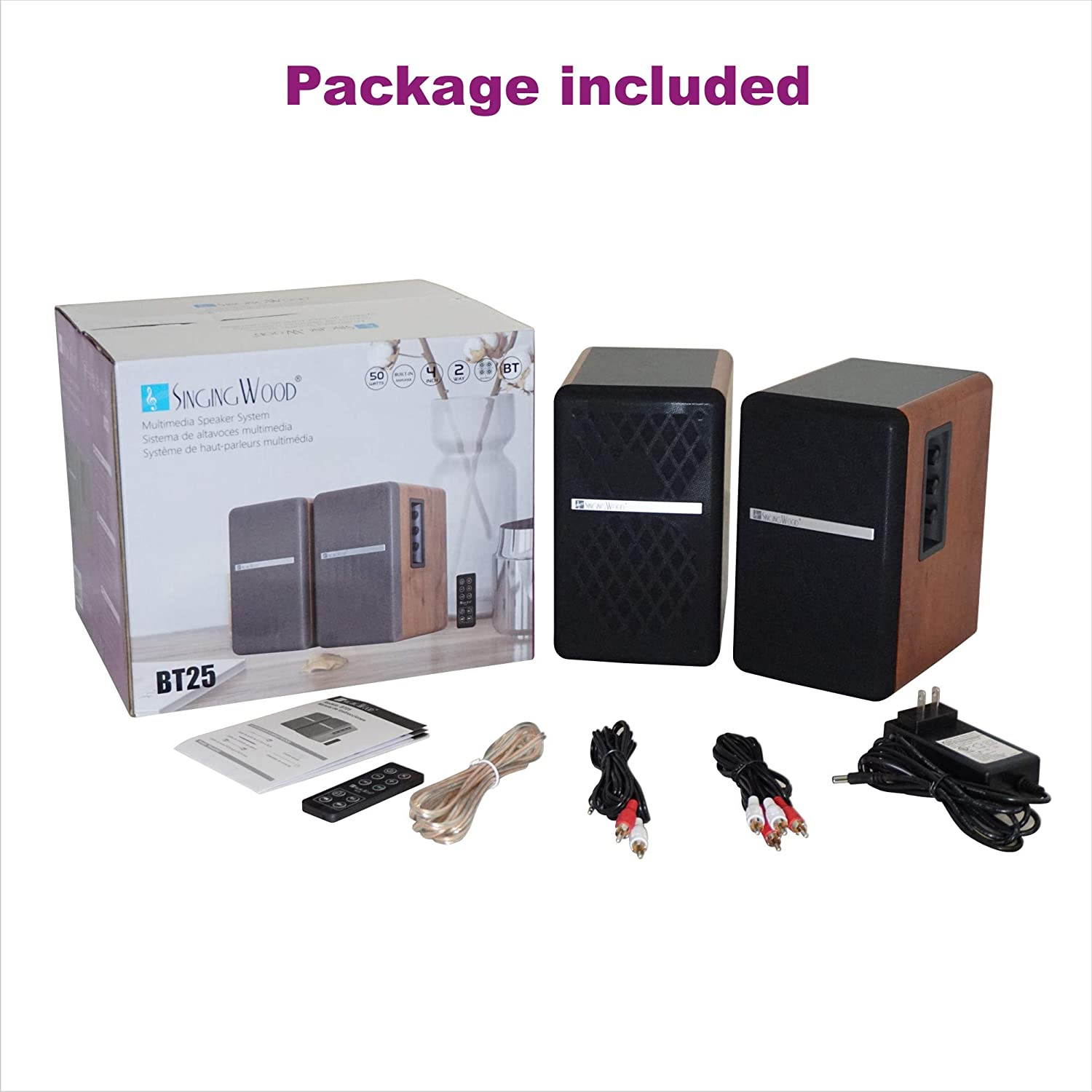 SINGING WOOD BT25 Powered BT Bookshelf Speakers Studio Monitor Speakers 2 AUX Input 2 Speakers Wooden Enclosure Max 50 Watts RMS(Beech Wood)