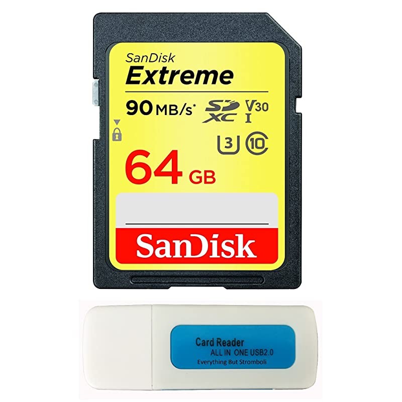 64GB Extreme Memory Card works with Canon EOS Rebel SL2 T6 T6i T5i EFS EOS 80D Powershot Camera SDXC 4K V30 UHSI SDSDXVE064GGNCIN with Everything But Stromboli Combo Reader