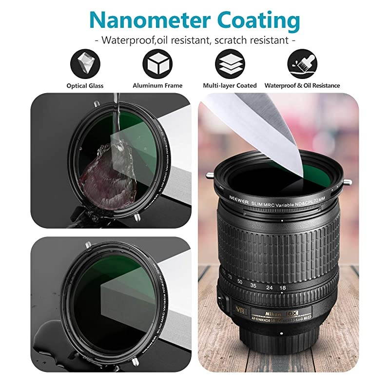 72mm Variable Fader ND2ND32 ND Filter and CPL Circular Polarizing Filter 2 in 1 for 72mm Thread Camera Lens + No Black Cross + Multilayer Coating + Oil Resistance