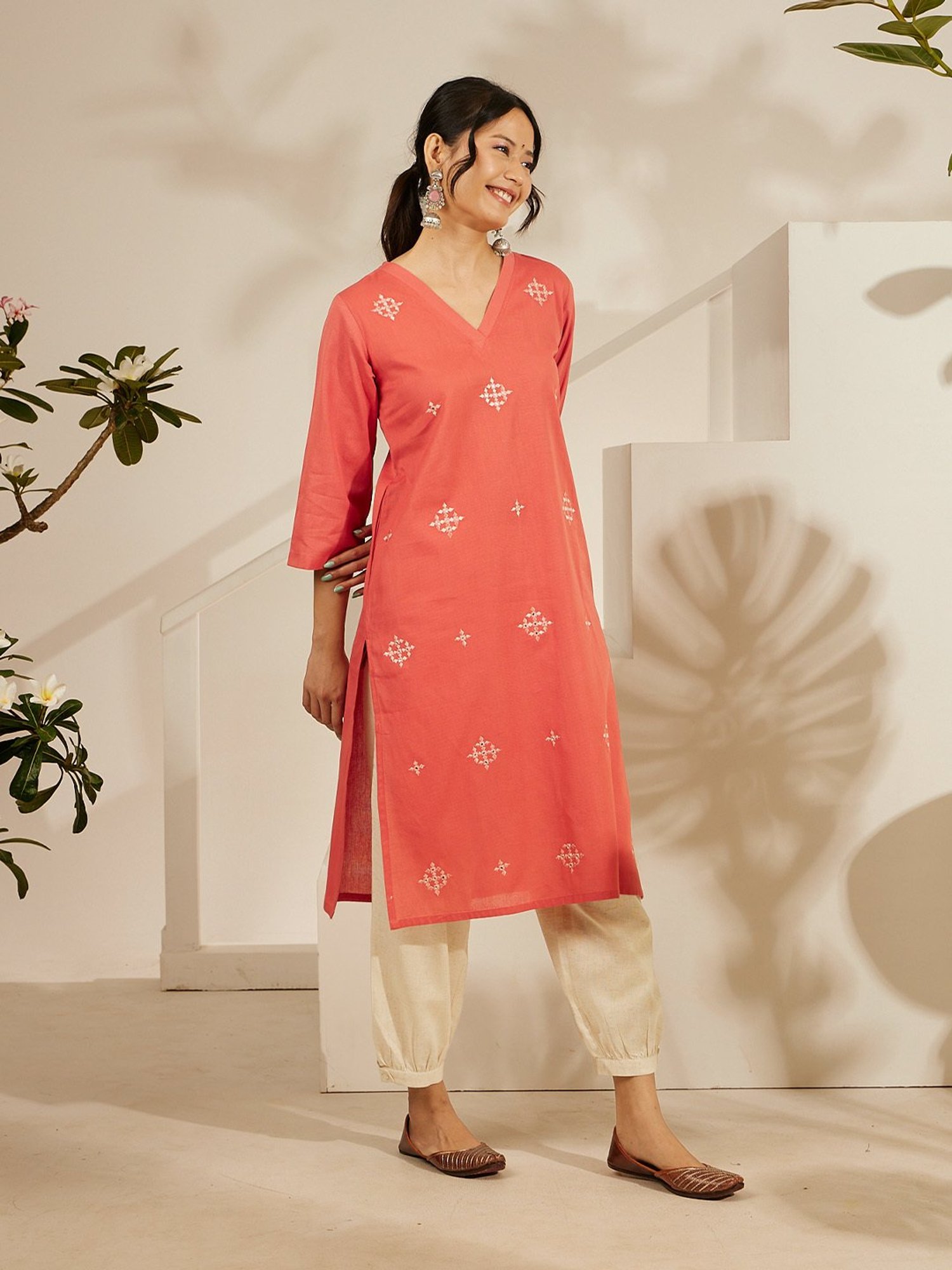 Daali Coral Poly Linen - Star Slub V Neck 3/4 Sleeves Smart Formals Kurta with Two Pockets