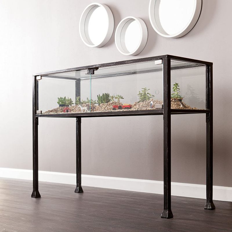 SEI Furniture Rectangular Distressed Slim Modern Style 2 Door Metal Terrarium Display Media Console Accent Table with Glass Cabinet Doors, Black