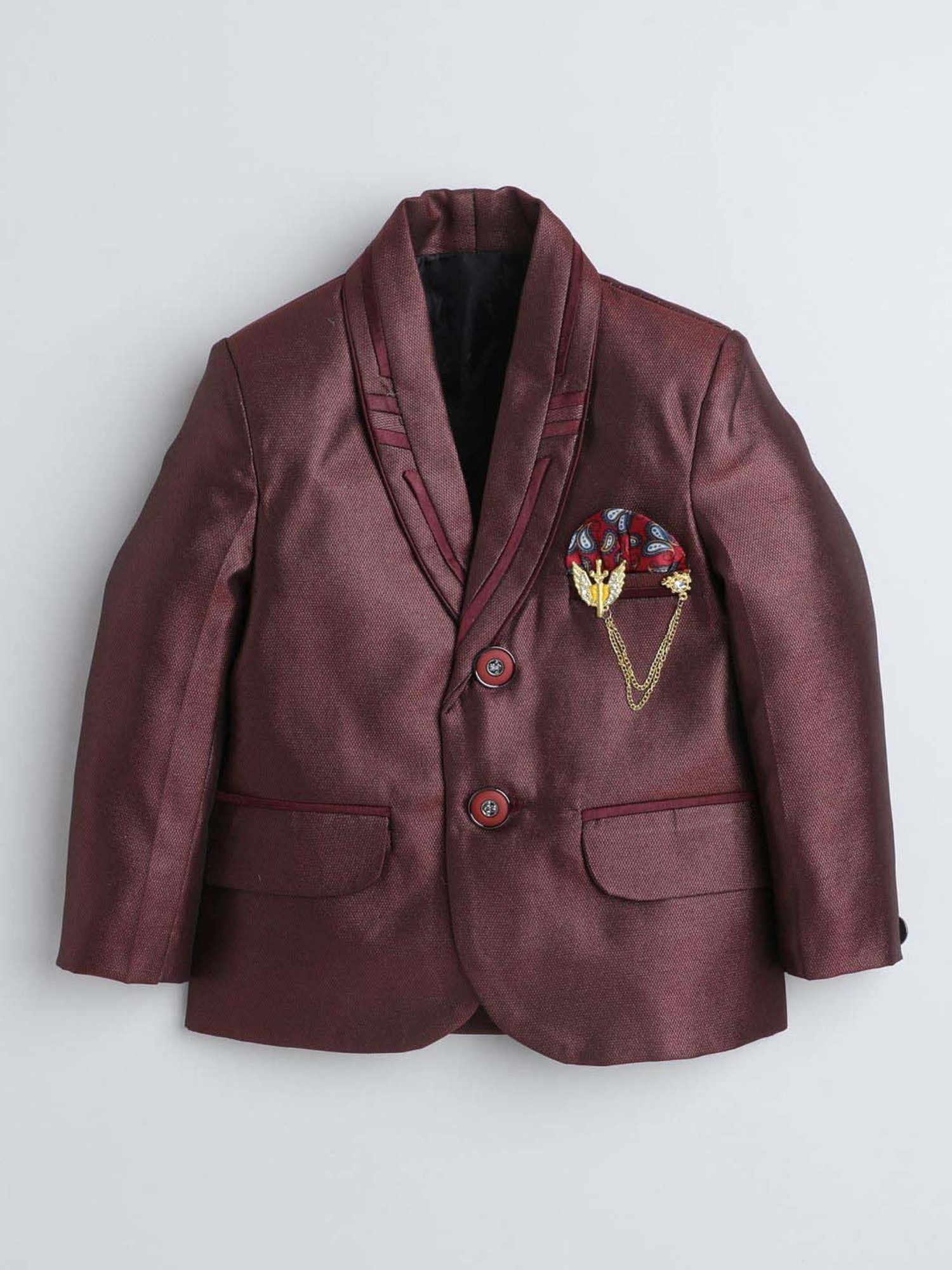 Fourfolds Boys Wine Solid Full Sleeves Suit Set