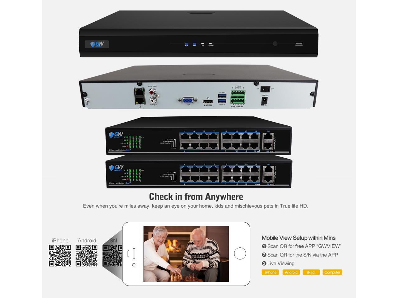 GW Smart AI PoE IP Video & Audio Security Camera System, 32CH 4K NVR with 24 x 5MP 1920P IP Bullet Camera, Day/Night Weather Proof, Human Detection, 8TB