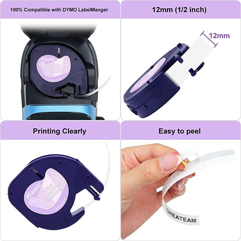 Compatible for Dymo LetraTag Refills Clear 16952, Dymo LetraTag Plastic Tape Black on Clear 12mm x 4m (1/2 in x 13 ft) Compatible with Dymo LetraTag LT-100H, LT-100T QX50 Label Makers, 5 PK